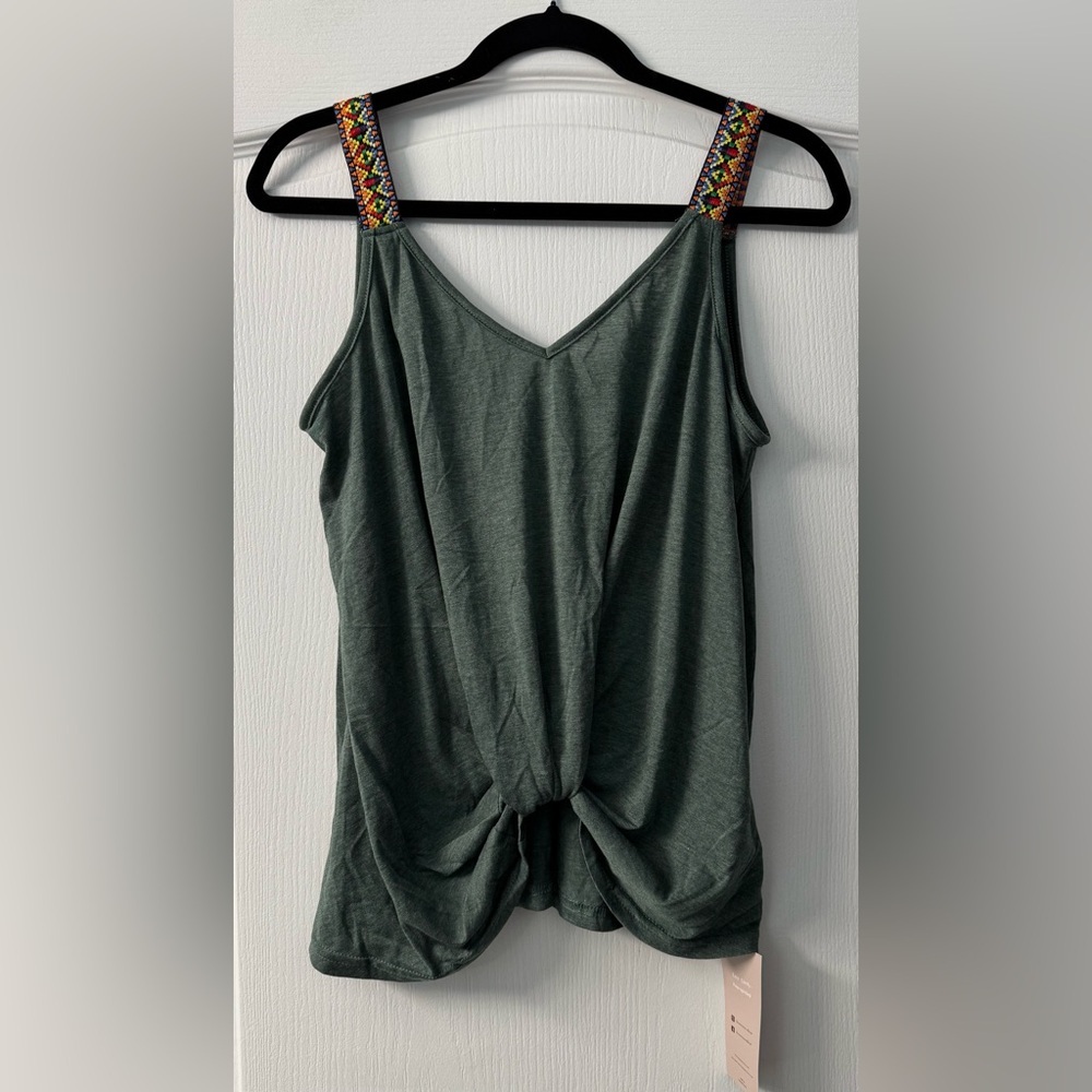 Women’s Green V-Neck Tank Top with Embroidered Straps - Picture 6 of 11